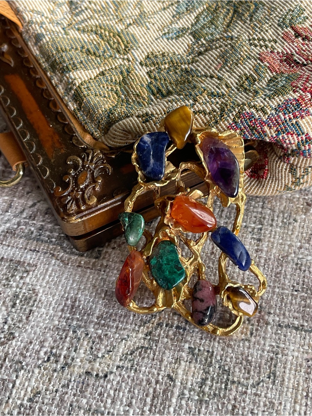 Multistone Brutalist 60’s 70’s Gold-Tone Statement Brooch / Pendant Unsigned